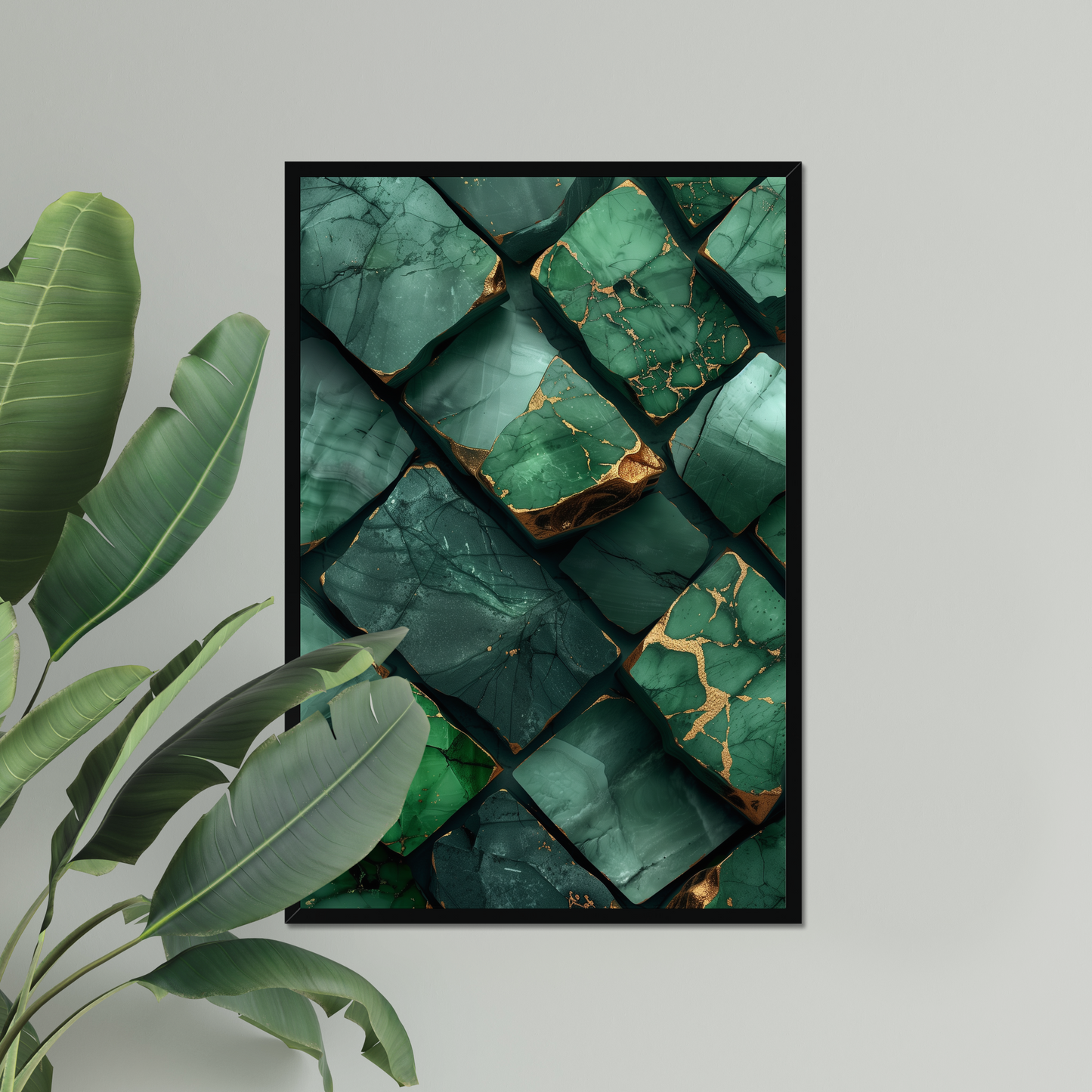Kintsugi Stone | Emerald & Gold Abstract Print | Wabi-Sabi Wall Decor