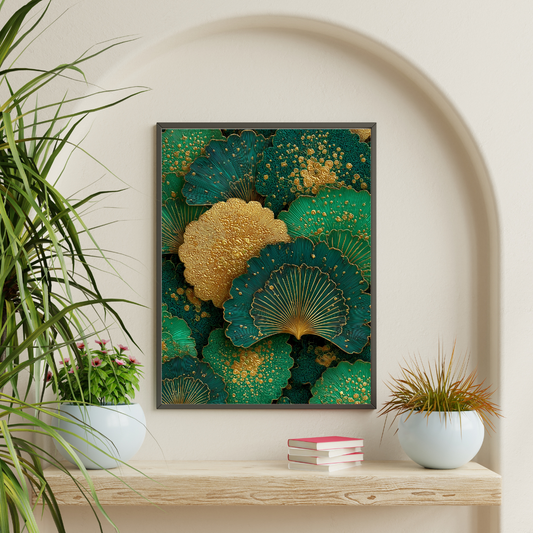 Golden Ginkgo | Botanical Art Deco Print | Emerald Green Leaf Pattern