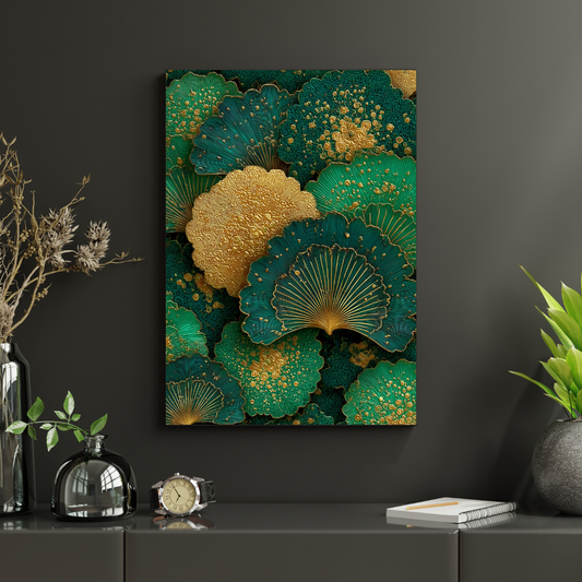 Golden Ginkgo | Botanical Art Deco Print | Emerald Green Leaf Pattern