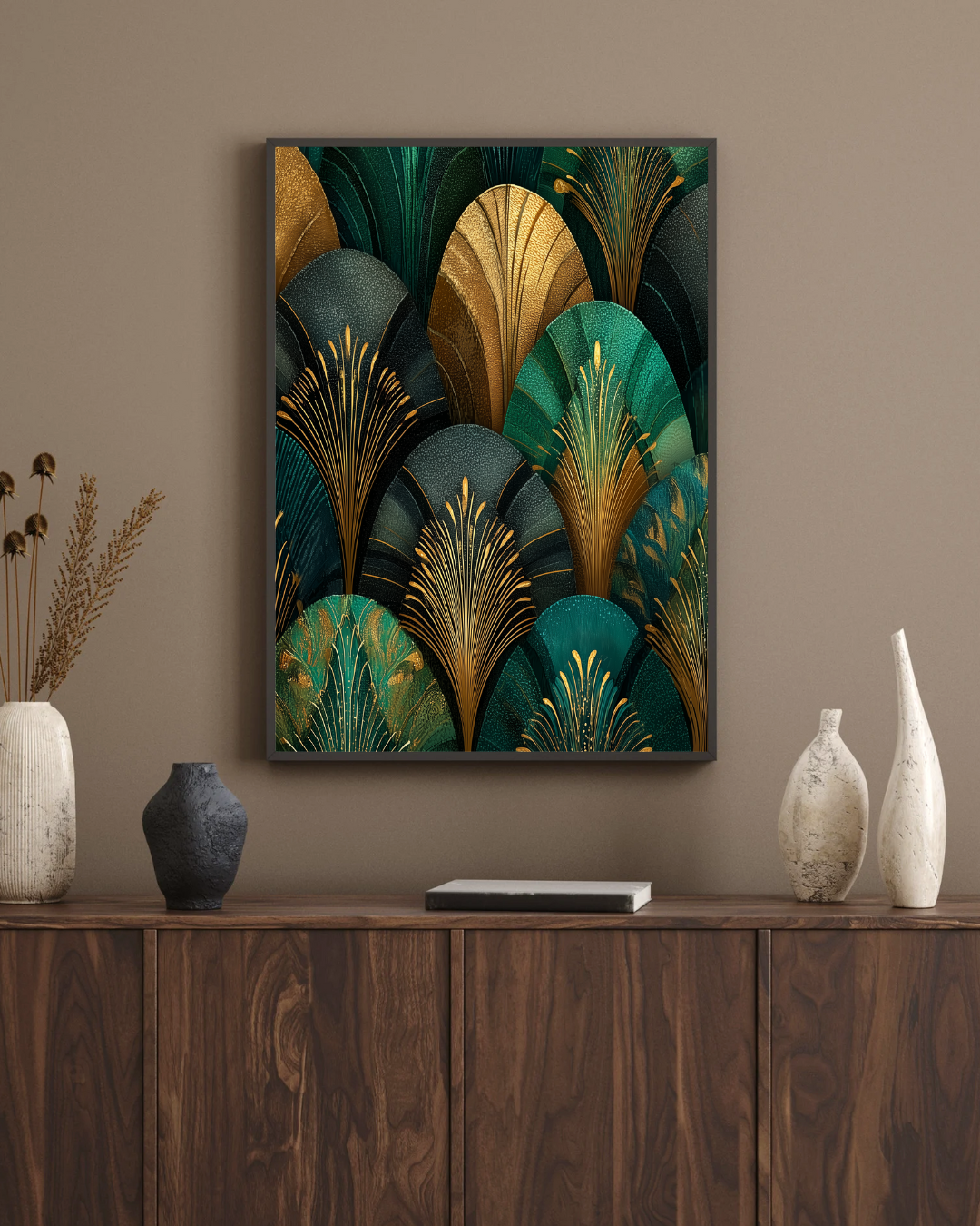 The Velvet Plumage | Art Deco Feather Print | Peacock Green Wall Art