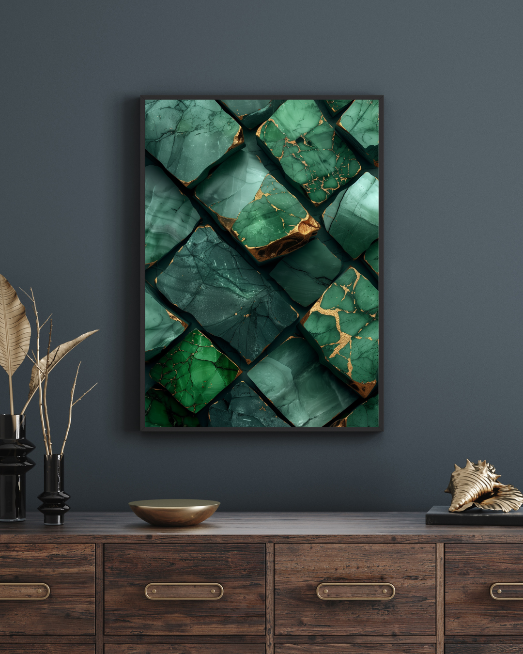 Kintsugi Stone | Emerald & Gold Abstract Print | Wabi-Sabi Wall Decor