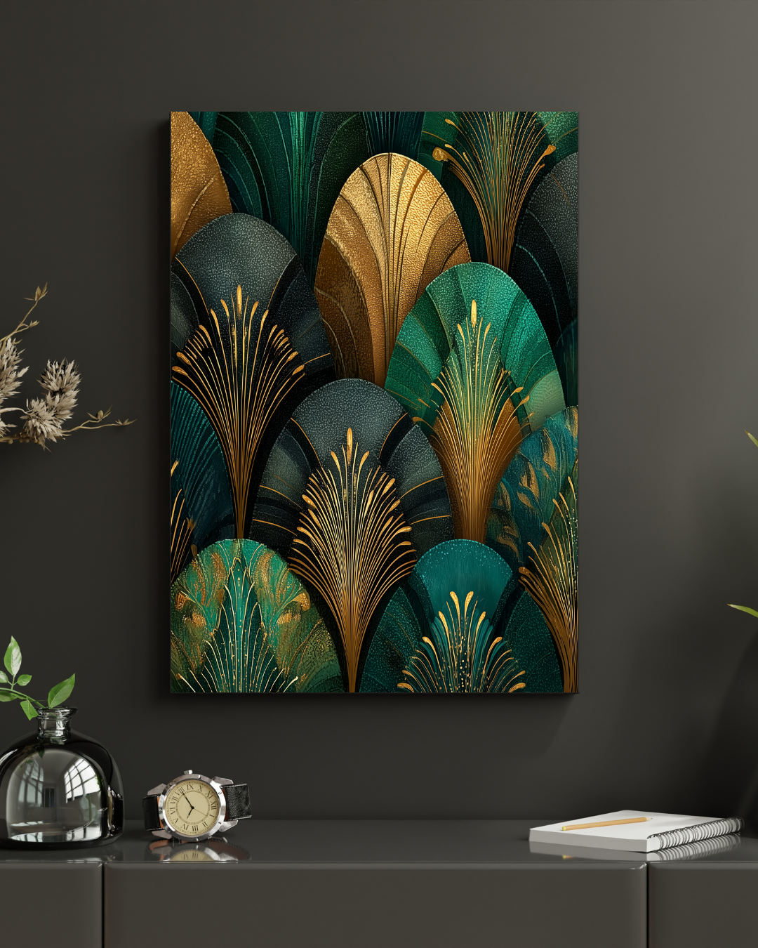 The Velvet Plumage | Art Deco Feather Print | Peacock Green Wall Art