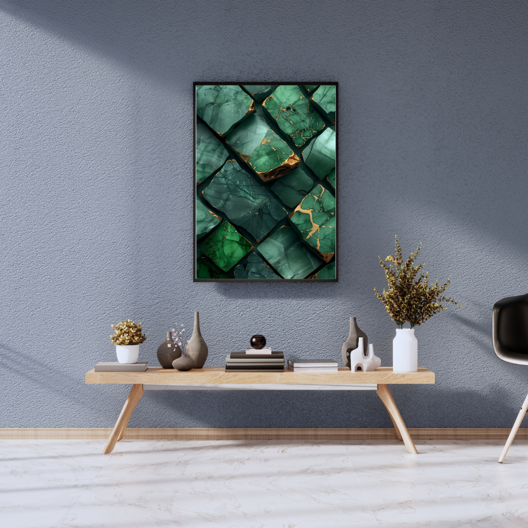 Kintsugi Stone | Emerald & Gold Abstract Print | Wabi-Sabi Wall Decor