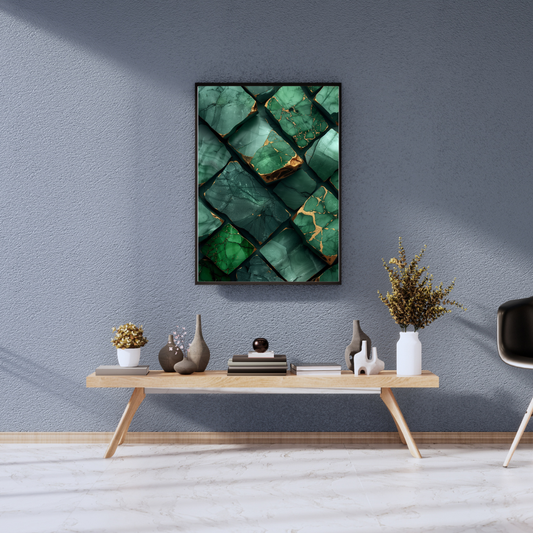 Kintsugi Stone | Emerald & Gold Abstract Print | Wabi-Sabi Wall Decor