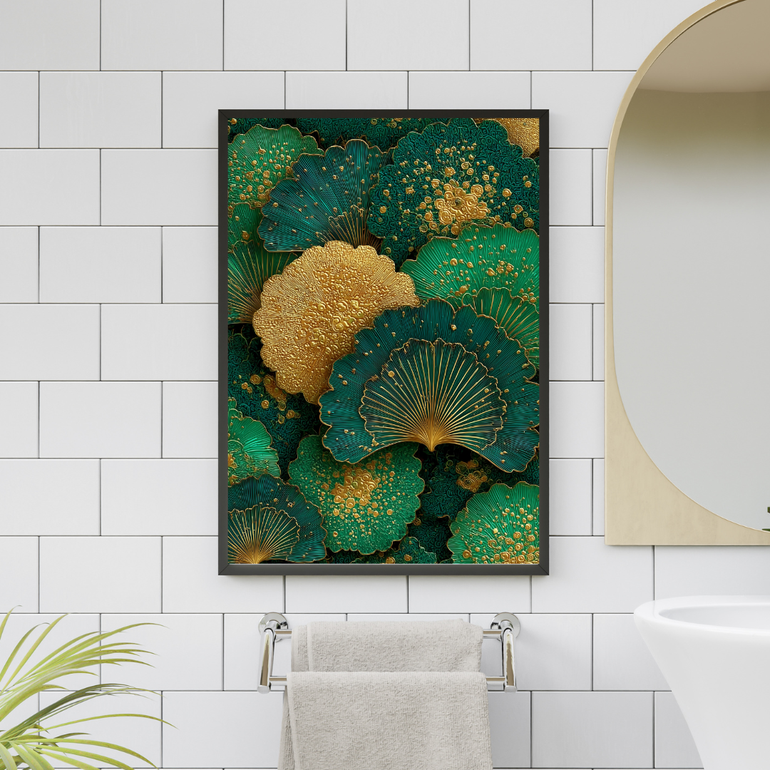 Golden Ginkgo | Botanical Art Deco Print | Emerald Green Leaf Pattern